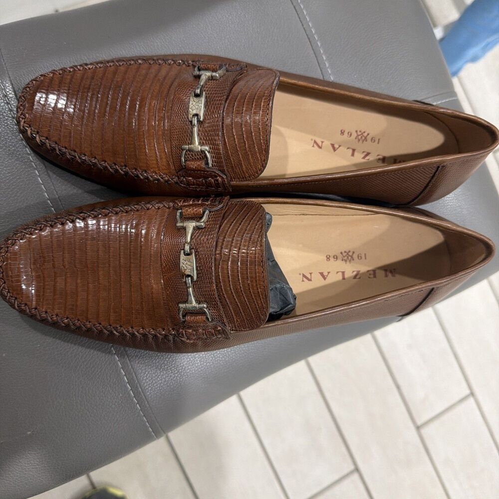 Mezlan "Sileno" Brown Lizard / Perforated Calfskin Moc Toe Bit Strap Loafers 7.5